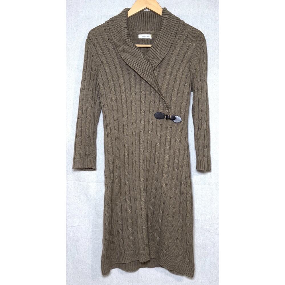 Cable Knit Shawl Collar Sweater Dress in Olive